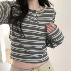 ストライプボタンクロップニット長袖Tシャツ GREY