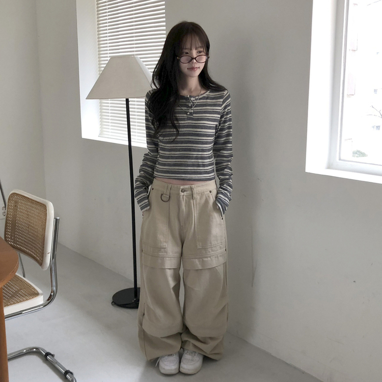 ストライプボタンクロップニット長袖Tシャツ GREY