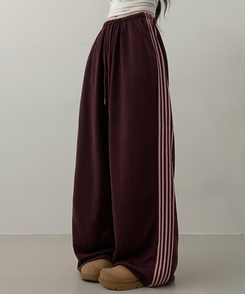 색감추천테리배색트랙라인와이드밴딩롱팬츠 버건디