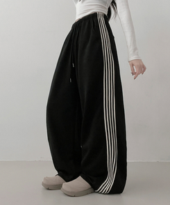 색감추천테리배색트랙라인와이드밴딩롱팬츠 블랙