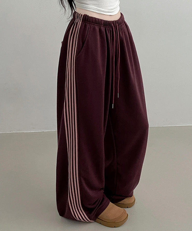 색감추천테리배색트랙라인와이드밴딩롱팬츠 버건디