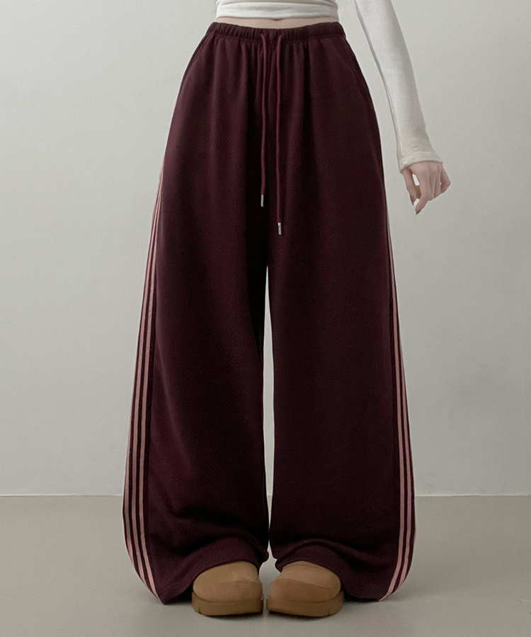 색감추천테리배색트랙라인와이드밴딩롱팬츠 버건디