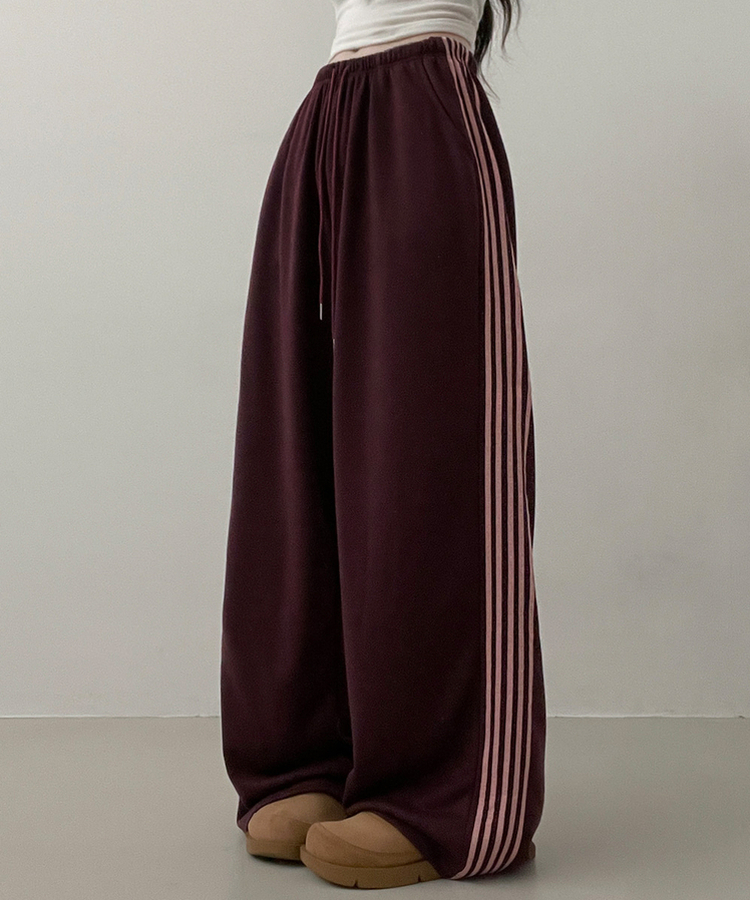 색감추천테리배색트랙라인와이드밴딩롱팬츠 버건디