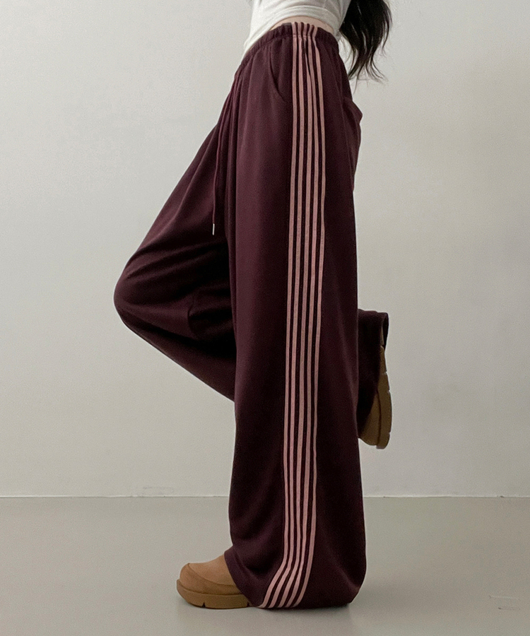 색감추천테리배색트랙라인와이드밴딩롱팬츠 버건디
