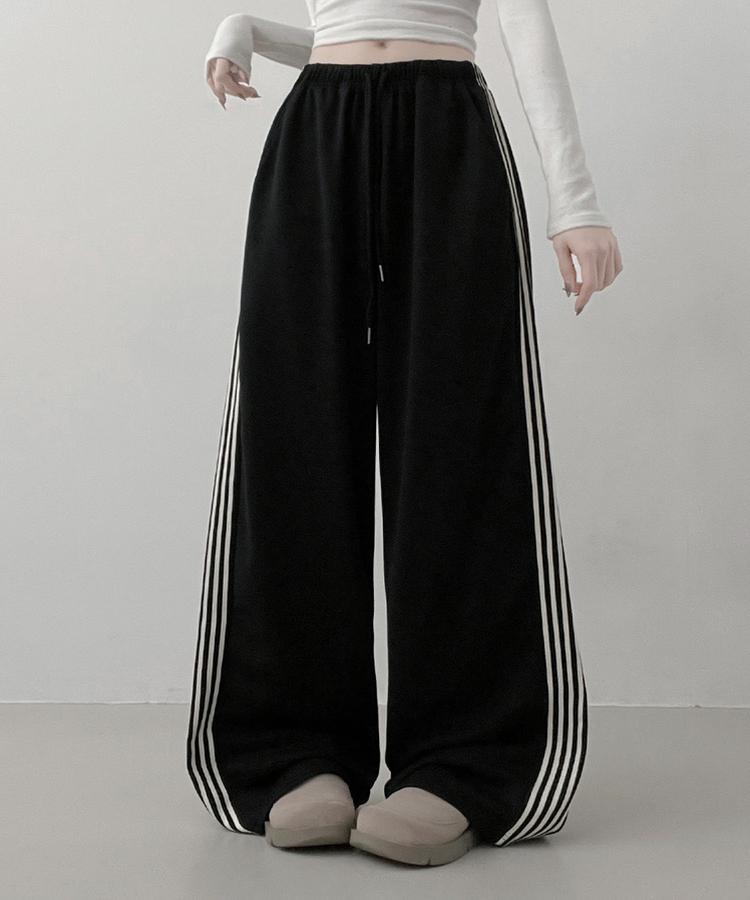색감추천테리배색트랙라인와이드밴딩롱팬츠 블랙