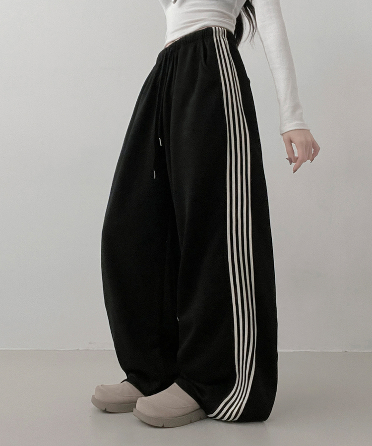 색감추천테리배색트랙라인와이드밴딩롱팬츠 블랙