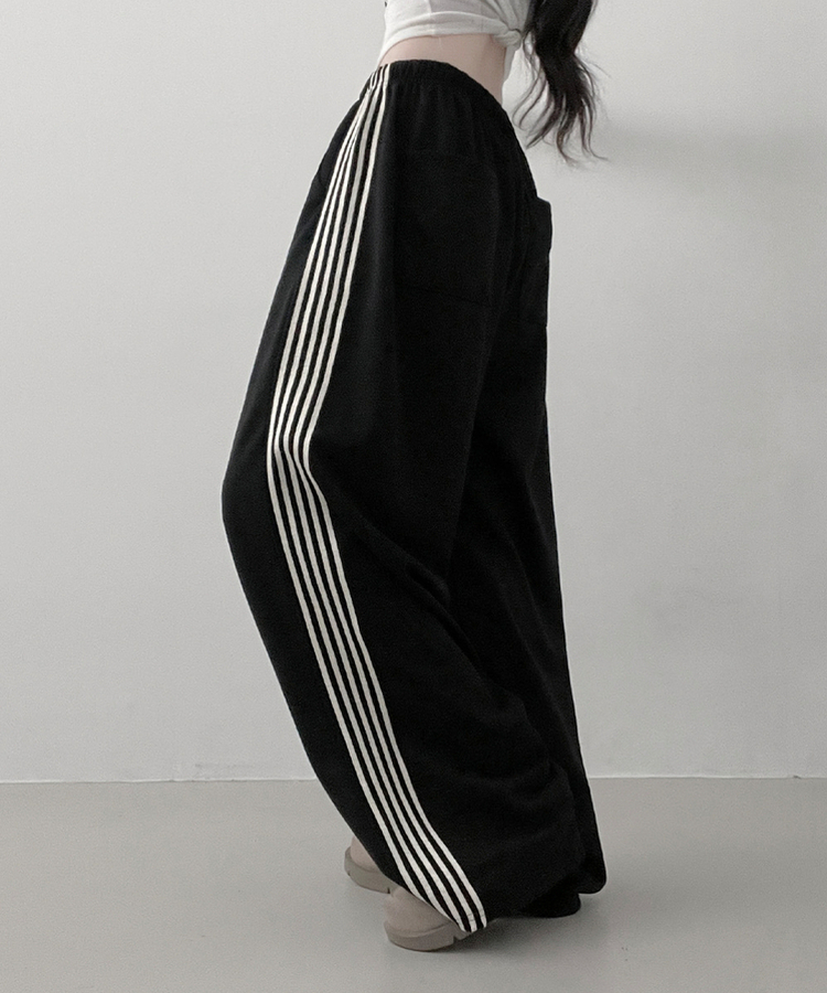 색감추천테리배색트랙라인와이드밴딩롱팬츠 블랙