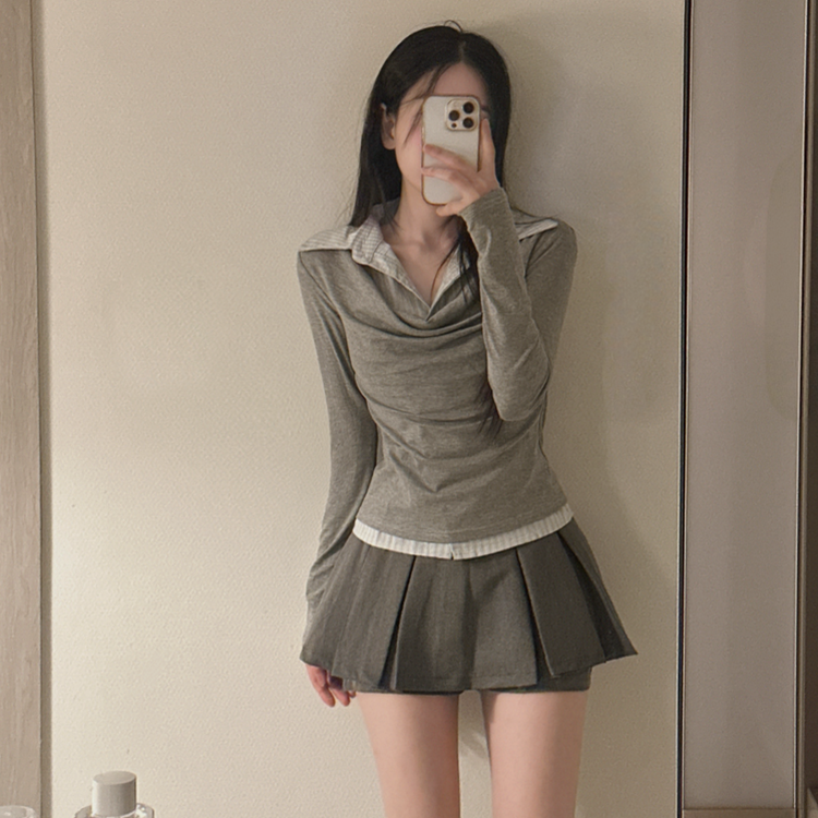 ドレープシャツレイヤード長袖Tシャツ GREY