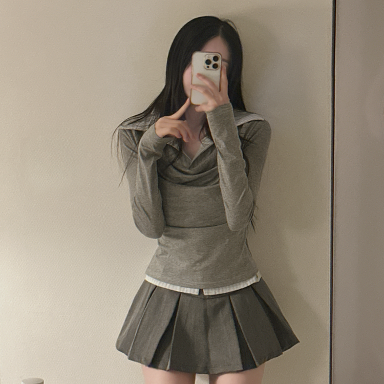 ドレープシャツレイヤード長袖Tシャツ GREY