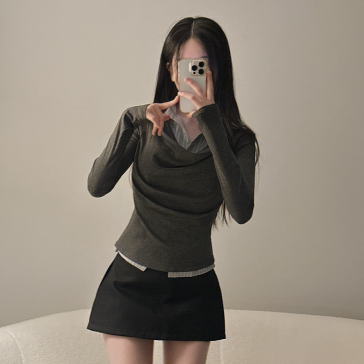 ドレープシャツレイヤード長袖Tシャツ CHARCOAL