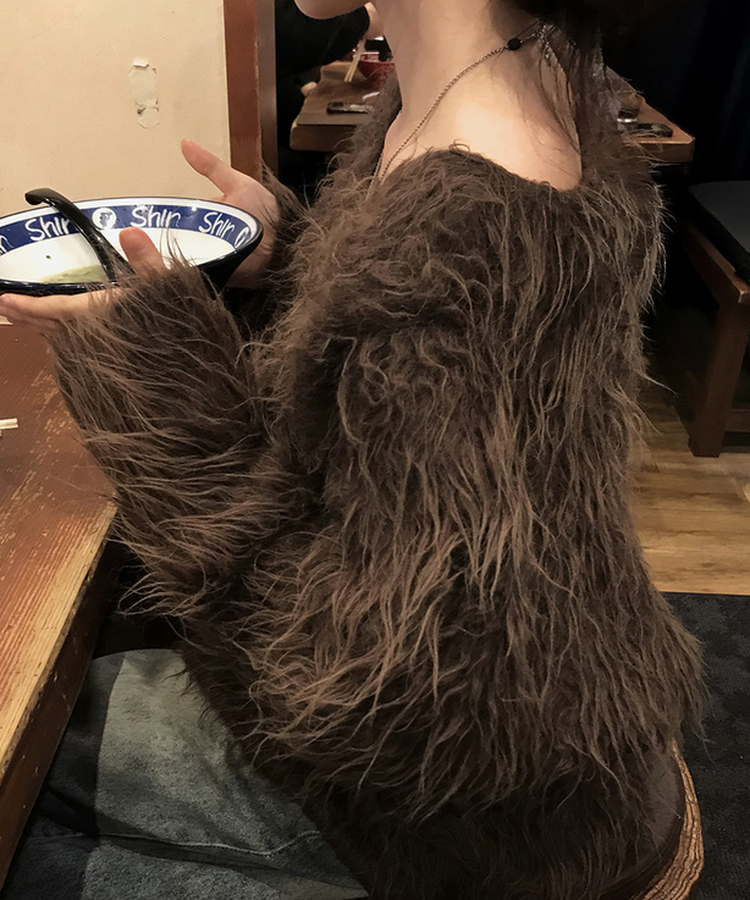 ファーVネックニット BROWN