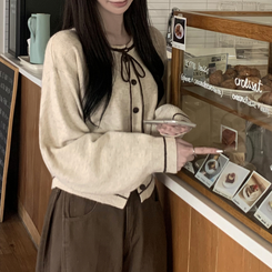 리본포인트 라인 배색 라운드넥 버튼 루즈핏 울 벌룬 니트가디건 봄가디건 오트밀