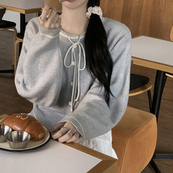 리본포인트 라인 배색 라운드넥 버튼 루즈핏 울 벌룬 니트가디건 봄가디건 블루