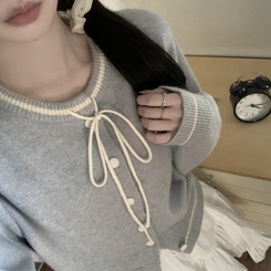 리본포인트 라인 배색 라운드넥 버튼 루즈핏 울 벌룬 니트가디건 봄가디건 블루