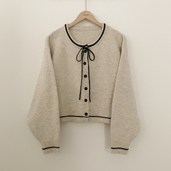 리본포인트 라인 배색 라운드넥 버튼 루즈핏 울 벌룬 니트가디건 봄가디건