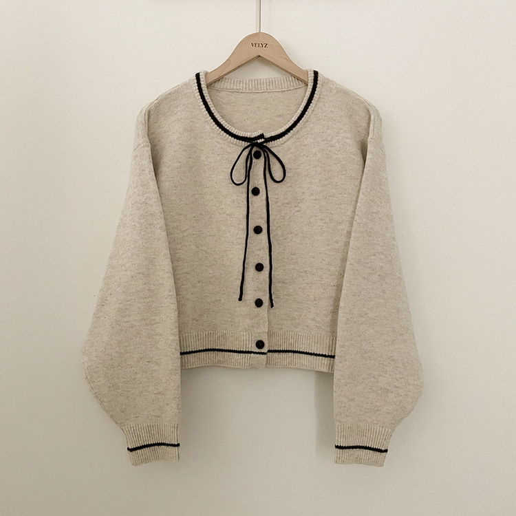 리본포인트 라인 배색 라운드넥 버튼 루즈핏 울 벌룬 니트가디건 봄가디건