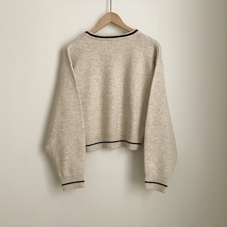 리본포인트 라인 배색 라운드넥 버튼 루즈핏 울 벌룬 니트가디건 봄가디건