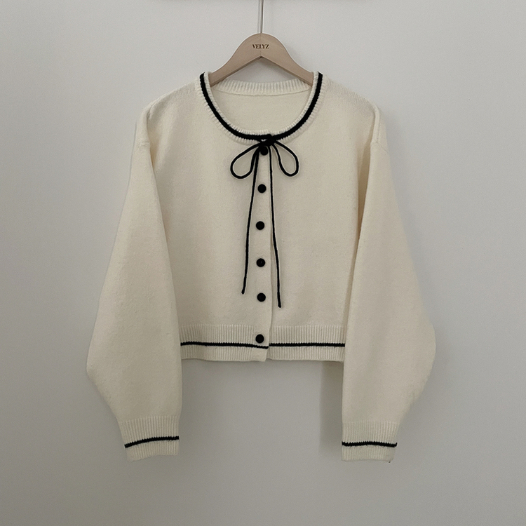 리본포인트 라인 배색 라운드넥 버튼 루즈핏 울 벌룬 니트가디건 봄가디건
