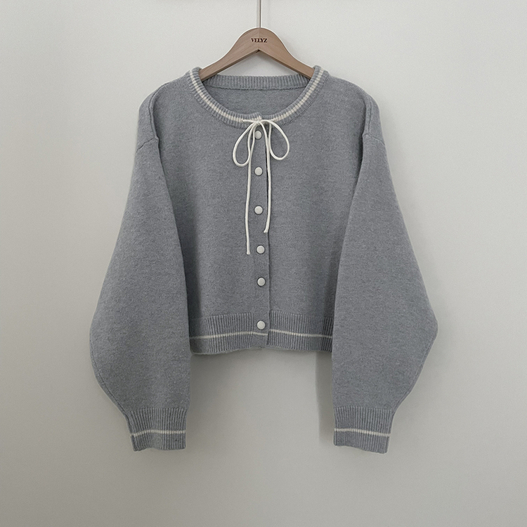 리본포인트 라인 배색 라운드넥 버튼 루즈핏 울 벌룬 니트가디건 봄가디건