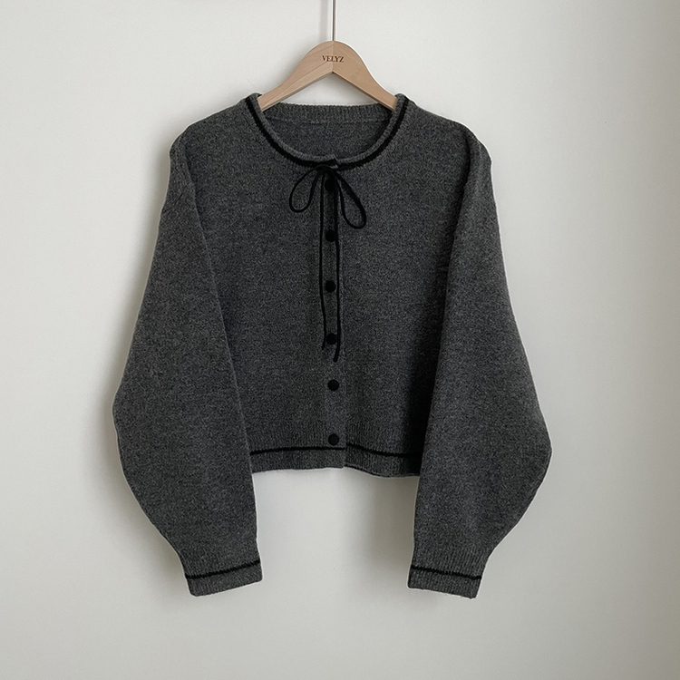 리본포인트 라인 배색 라운드넥 버튼 루즈핏 울 벌룬 니트가디건 봄가디건