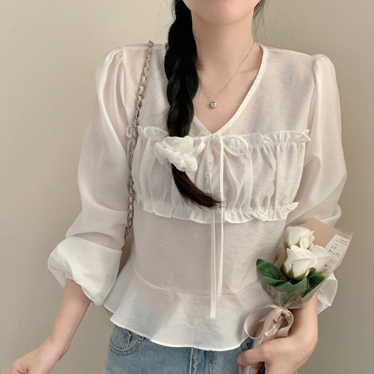 리즈 봄 브이넥 긴팔 프릴 퍼프 크롭 쉬폰 블라우스 하객룩 봄옷 봄블라우스 상의 벚꽃 아이보리