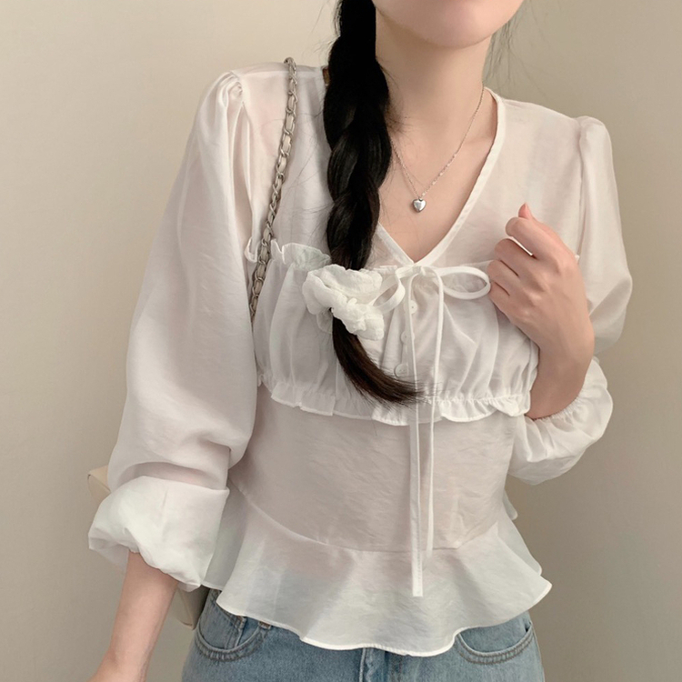 리즈 봄 브이넥 긴팔 프릴 퍼프 크롭 쉬폰 블라우스 하객룩 봄옷 봄블라우스 상의 벚꽃 아이보리