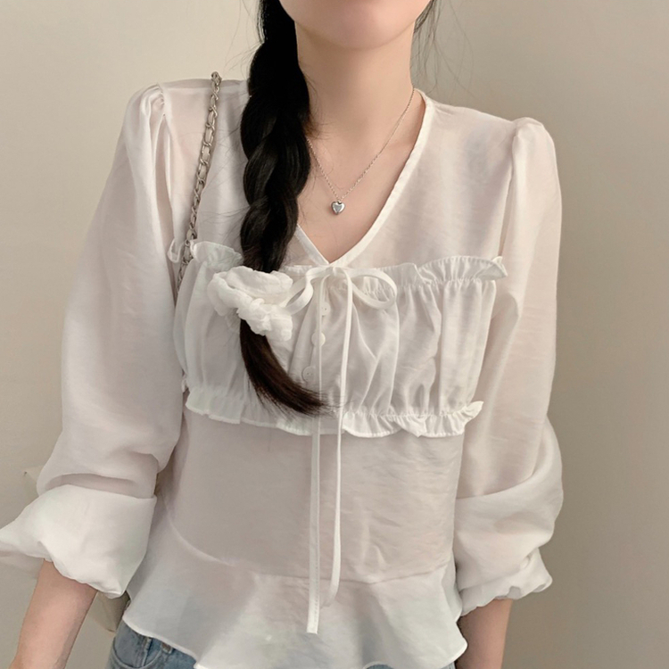 리즈 봄 브이넥 긴팔 프릴 퍼프 크롭 쉬폰 블라우스 하객룩 봄옷 봄블라우스 상의 벚꽃 아이보리