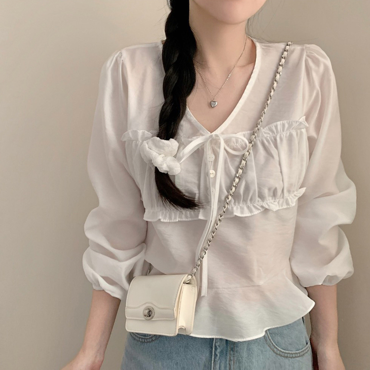 리즈 봄 브이넥 긴팔 프릴 퍼프 크롭 쉬폰 블라우스 하객룩 봄옷 봄블라우스 상의 벚꽃 아이보리