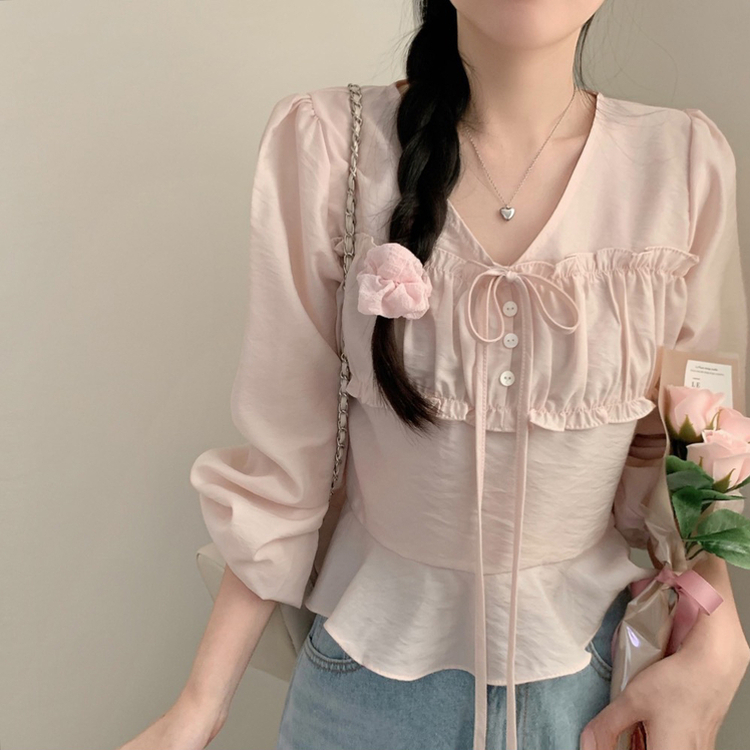 리즈 봄 브이넥 긴팔 프릴 퍼프 크롭 쉬폰 블라우스 하객룩 봄옷 봄블라우스 상의 벚꽃 핑크