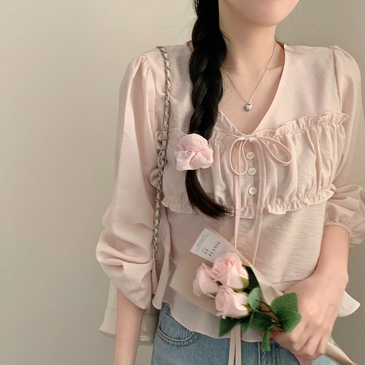 리즈 봄 브이넥 긴팔 프릴 퍼프 크롭 쉬폰 블라우스 하객룩 봄옷 봄블라우스 상의 벚꽃 핑크
