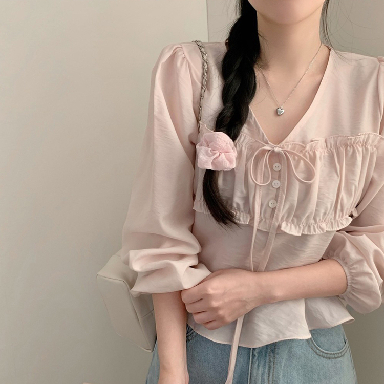 리즈 봄 브이넥 긴팔 프릴 퍼프 크롭 쉬폰 블라우스 하객룩 봄옷 봄블라우스 상의 벚꽃 핑크