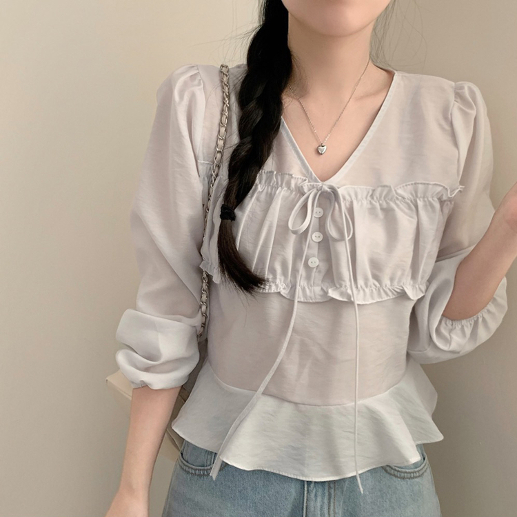 리즈 봄 브이넥 긴팔 프릴 퍼프 크롭 쉬폰 블라우스 하객룩 봄옷 봄블라우스 상의 벚꽃 소라