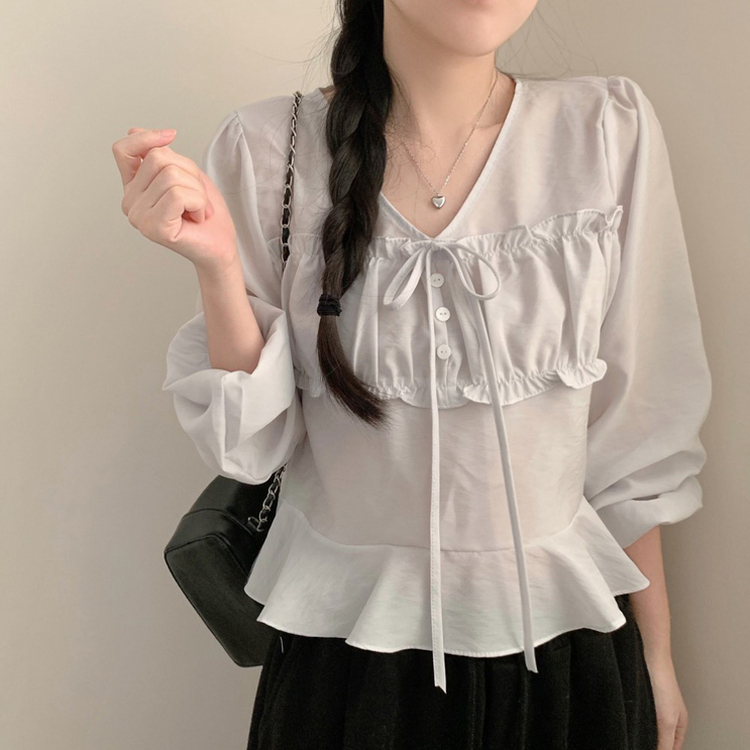 리즈 봄 브이넥 긴팔 프릴 퍼프 크롭 쉬폰 블라우스 하객룩 봄옷 봄블라우스 상의 벚꽃 소라