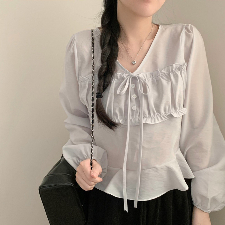 리즈 봄 브이넥 긴팔 프릴 퍼프 크롭 쉬폰 블라우스 하객룩 봄옷 봄블라우스 상의 벚꽃 소라