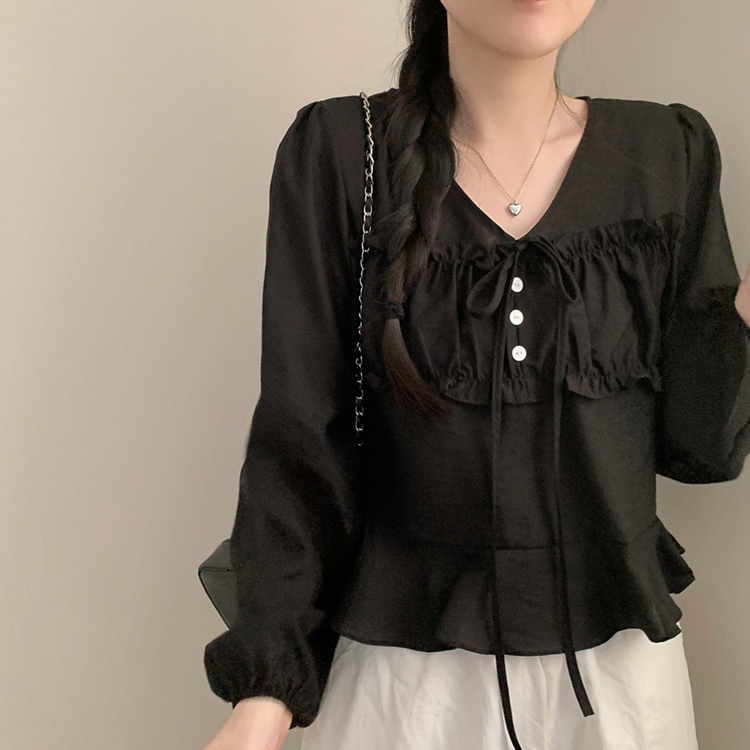 리즈 봄 브이넥 긴팔 프릴 퍼프 크롭 쉬폰 블라우스 하객룩 봄옷 봄블라우스 상의 벚꽃 블랙