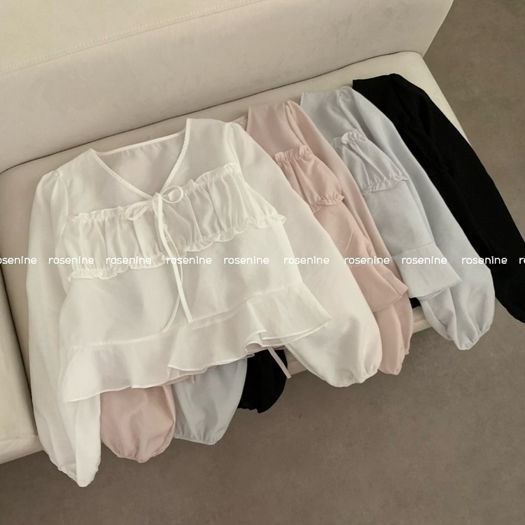 리즈 봄 브이넥 긴팔 프릴 퍼프 크롭 쉬폰 블라우스 하객룩 봄옷 봄블라우스 상의 벚꽃