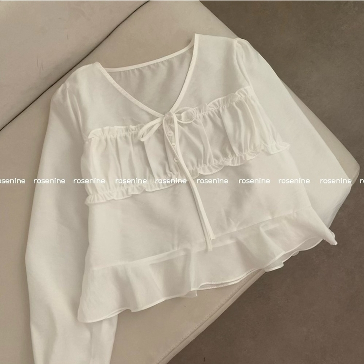 리즈 봄 브이넥 긴팔 프릴 퍼프 크롭 쉬폰 블라우스 하객룩 봄옷 봄블라우스 상의 벚꽃