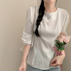 이브 허리끈 봄 긴팔 라운드넥 블라우스 봄옷 상의 벚꽃 아이보리