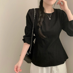 이브 허리끈 봄 긴팔 라운드넥 블라우스 봄옷 상의 벚꽃 블랙