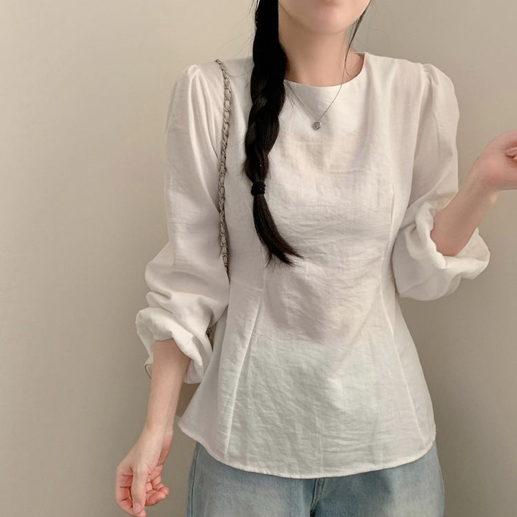 이브 허리끈 봄 긴팔 라운드넥 블라우스 봄옷 상의 벚꽃 아이보리