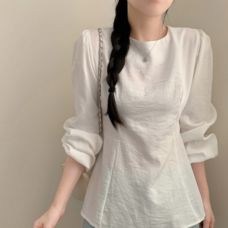 이브 허리끈 봄 긴팔 라운드넥 블라우스 봄옷 상의 벚꽃 아이보리