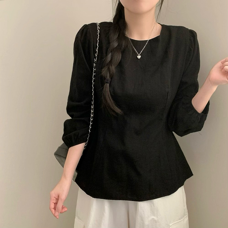 이브 허리끈 봄 긴팔 라운드넥 블라우스 봄옷 상의 벚꽃 블랙