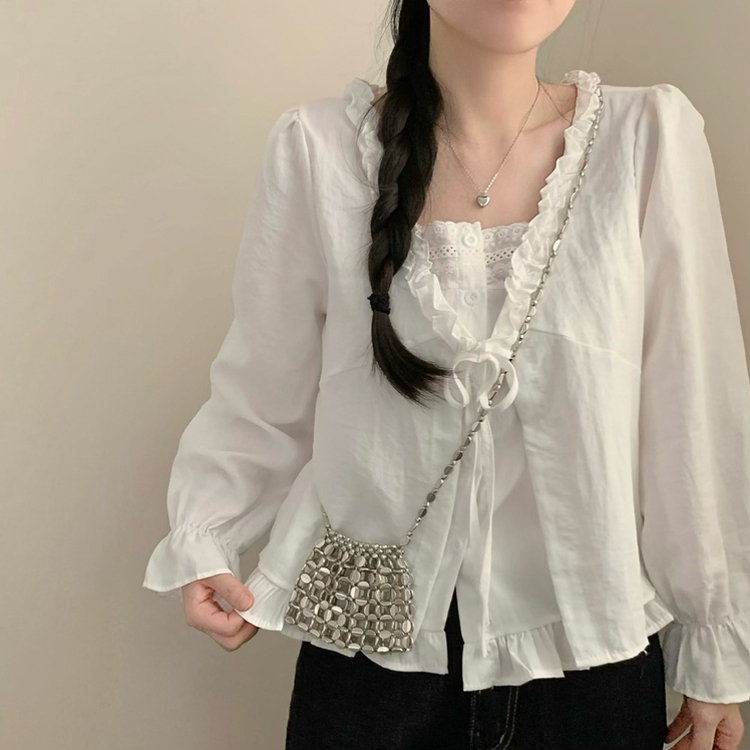 나비 레이스 봄 리본 긴팔 쉬폰 블라우스 상의 데이트 벚꽃 봄옷 화이트