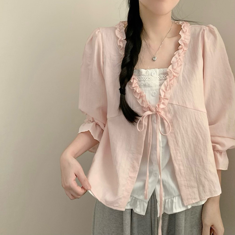 나비 레이스 봄 리본 긴팔 쉬폰 블라우스 상의 데이트 벚꽃 봄옷 핑크