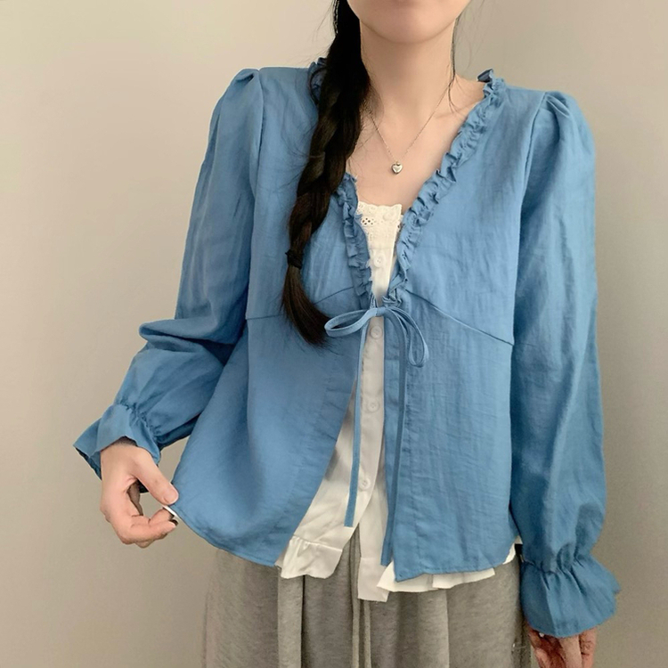 나비 레이스 봄 리본 긴팔 쉬폰 블라우스 상의 데이트 벚꽃 봄옷 딥블루