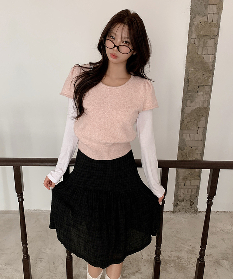 シャーリングラウンドパフ半袖ニット LIGHT PINK