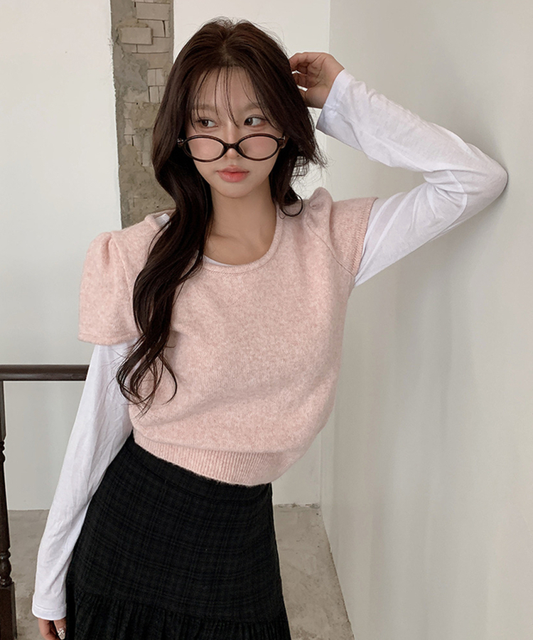 シャーリングラウンドパフ半袖ニット LIGHT PINK