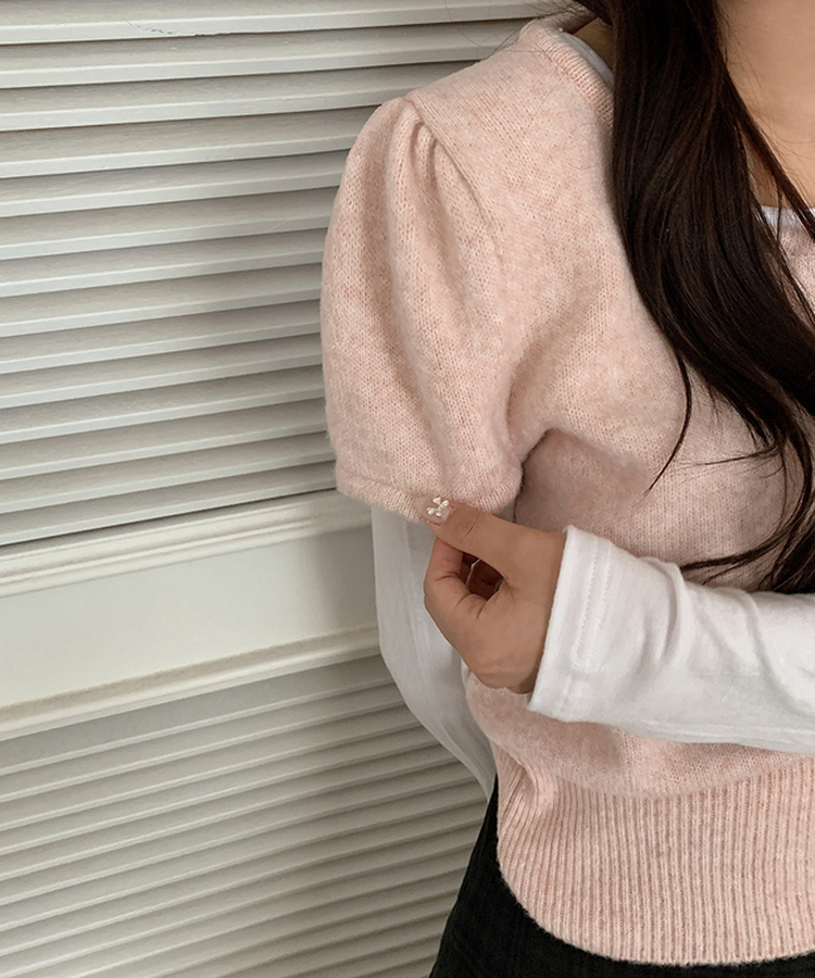 シャーリングラウンドパフ半袖ニット LIGHT PINK