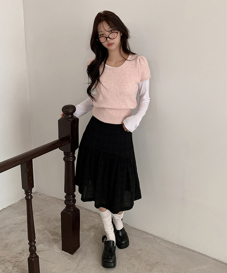 シャーリングラウンドパフ半袖ニット LIGHT PINK