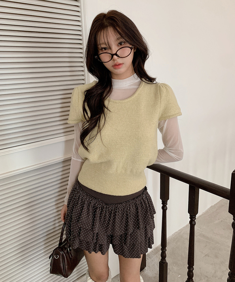 シャーリングラウンドパフ半袖ニット OLIVE